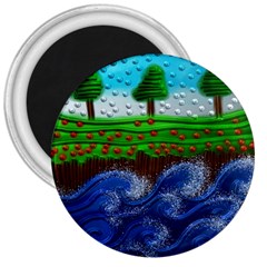 Beaded Landscape Textured Abstract Landscape With Sea Waves In The Foreground And Trees In The Background 3  Magnets by Nexatart