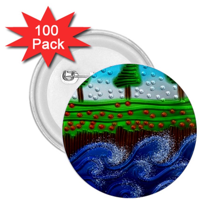 Beaded Landscape Textured Abstract Landscape With Sea Waves In The Foreground And Trees In The Background 2.25  Buttons (100 pack) 