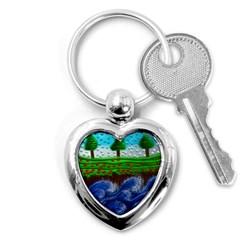 Beaded Landscape Textured Abstract Landscape With Sea Waves In The Foreground And Trees In The Background Key Chains (heart)  by Nexatart