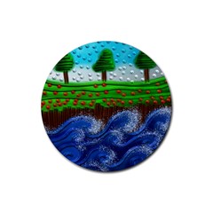 Beaded Landscape Textured Abstract Landscape With Sea Waves In The Foreground And Trees In The Background Rubber Round Coaster (4 Pack)  by Nexatart