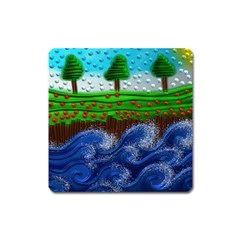 Beaded Landscape Textured Abstract Landscape With Sea Waves In The Foreground And Trees In The Background Square Magnet by Nexatart