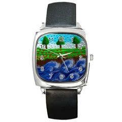 Beaded Landscape Textured Abstract Landscape With Sea Waves In The Foreground And Trees In The Background Square Metal Watch by Nexatart