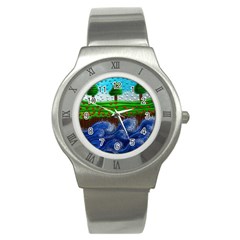 Beaded Landscape Textured Abstract Landscape With Sea Waves In The Foreground And Trees In The Background Stainless Steel Watch by Nexatart