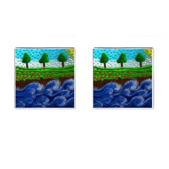 Beaded Landscape Textured Abstract Landscape With Sea Waves In The Foreground And Trees In The Background Cufflinks (square) by Nexatart