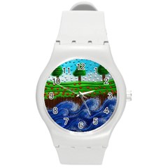 Beaded Landscape Textured Abstract Landscape With Sea Waves In The Foreground And Trees In The Background Round Plastic Sport Watch (m) by Nexatart