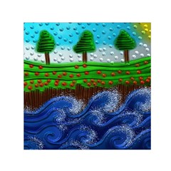 Beaded Landscape Textured Abstract Landscape With Sea Waves In The Foreground And Trees In The Background Small Satin Scarf (square) by Nexatart