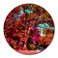 Abstract Fall Trees Saturated With Orange Pink And Turquoise Round Mousepads by Nexatart