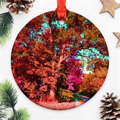 Abstract Fall Trees Saturated With Orange Pink And Turquoise Ornament (round) by Nexatart