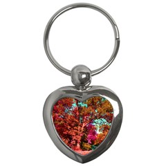 Abstract Fall Trees Saturated With Orange Pink And Turquoise Key Chains (heart)  by Nexatart