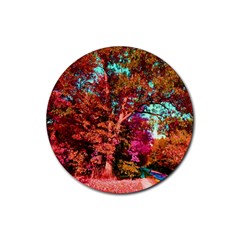 Abstract Fall Trees Saturated With Orange Pink And Turquoise Rubber Round Coaster (4 Pack)  by Nexatart