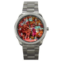 Abstract Fall Trees Saturated With Orange Pink And Turquoise Sport Metal Watch by Nexatart