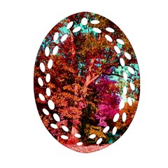 Abstract Fall Trees Saturated With Orange Pink And Turquoise Oval Filigree Ornament (two Sides) by Nexatart