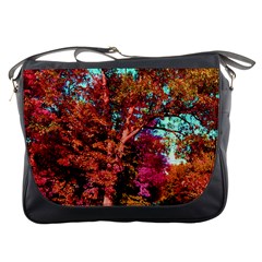 Abstract Fall Trees Saturated With Orange Pink And Turquoise Messenger Bags by Nexatart