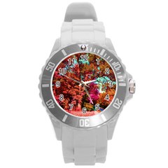 Abstract Fall Trees Saturated With Orange Pink And Turquoise Round Plastic Sport Watch (l) by Nexatart