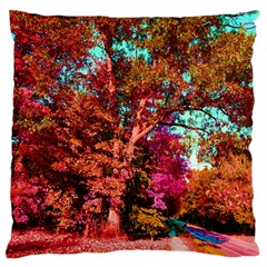 Abstract Fall Trees Saturated With Orange Pink And Turquoise Large Flano Cushion Case (one Side) by Nexatart