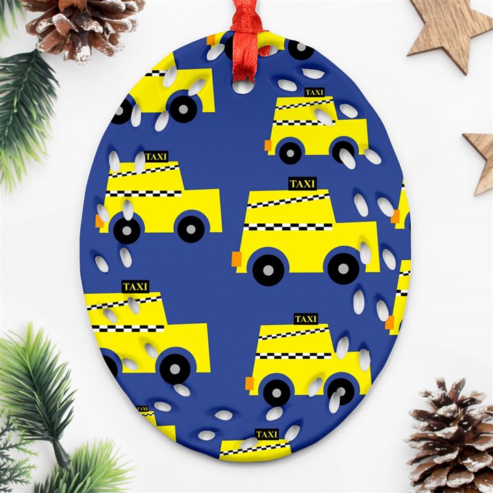 A Fun Cartoon Taxi Cab Tiling Pattern Oval Filigree Ornament (Two Sides)