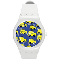 A Fun Cartoon Taxi Cab Tiling Pattern Round Plastic Sport Watch (m) by Nexatart