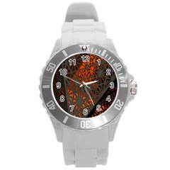 Abstract Lighted Wallpaper Of A Metal Starburst Grid With Orange Back Lighting Round Plastic Sport Watch (l) by Nexatart