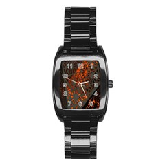 Abstract Lighted Wallpaper Of A Metal Starburst Grid With Orange Back Lighting Stainless Steel Barrel Watch