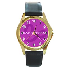 Zodiac Capricorn Purple Round Gold Metal Watch