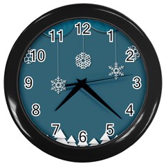 Blue Snowflakes Christmas Trees Wall Clocks (black) by Mariart