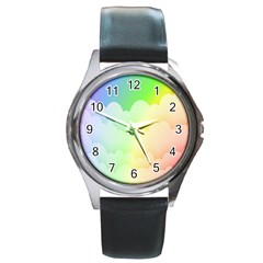 Cloud Blue Sky Rainbow Pink Yellow Green Red White Wave Round Metal Watch by Mariart