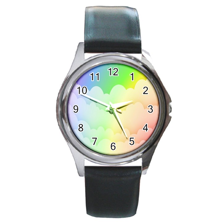 Cloud Blue Sky Rainbow Pink Yellow Green Red White Wave Round Metal Watch