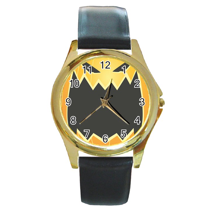 Halloween Pumpkin Orange Mask Face Sinister Eye Black Round Gold Metal Watch