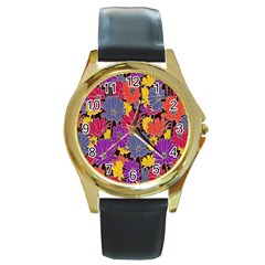 Colorful Floral Pattern Background Round Gold Metal Watch by Nexatart