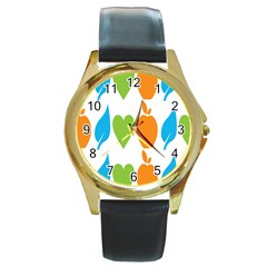 Fruit Apple Orange Green Blue Round Gold Metal Watch by Mariart