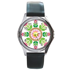 Flower Floral Sunflower Sakura Star Leaf Round Metal Watch by Mariart