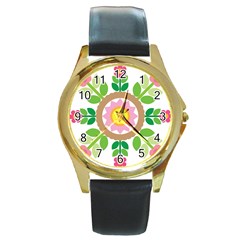 Flower Floral Sunflower Sakura Star Leaf Round Gold Metal Watch by Mariart