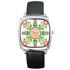 Flower Floral Sunflower Sakura Star Leaf Square Metal Watch by Mariart