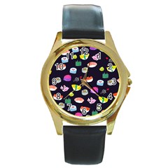 Japanese Food Sushi Fish Round Gold Metal Watch