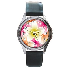 Frangipani Flower Floral White Pink Yellow Round Metal Watch by Mariart