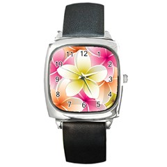 Frangipani Flower Floral White Pink Yellow Square Metal Watch by Mariart