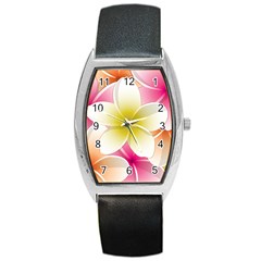 Frangipani Flower Floral White Pink Yellow Barrel Style Metal Watch by Mariart