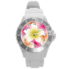 Frangipani Flower Floral White Pink Yellow Round Plastic Sport Watch (l) by Mariart