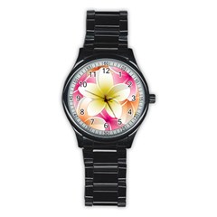 Frangipani Flower Floral White Pink Yellow Stainless Steel Round Watch by Mariart