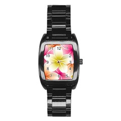 Frangipani Flower Floral White Pink Yellow Stainless Steel Barrel Watch by Mariart