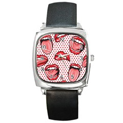 Lipstick Lip Red Polka Dot Circle Square Metal Watch by Mariart