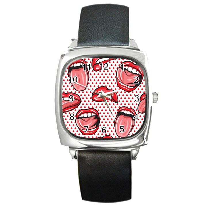 Lipstick Lip Red Polka Dot Circle Square Metal Watch