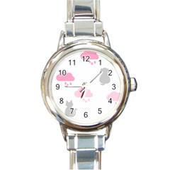 Raining Cats Dogs White Pink Cloud Rain Round Italian Charm Watch by Mariart