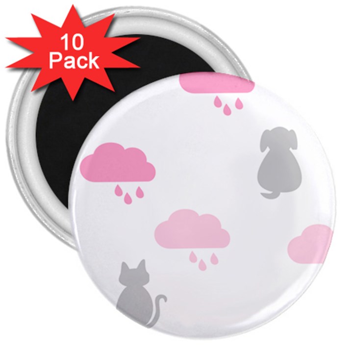 Raining Cats Dogs White Pink Cloud Rain 3  Magnets (10 pack) 