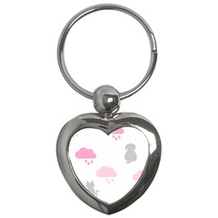 Raining Cats Dogs White Pink Cloud Rain Key Chains (heart)  by Mariart