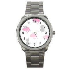 Raining Cats Dogs White Pink Cloud Rain Sport Metal Watch by Mariart