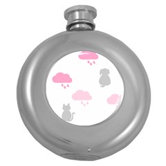 Raining Cats Dogs White Pink Cloud Rain Round Hip Flask (5 Oz) by Mariart