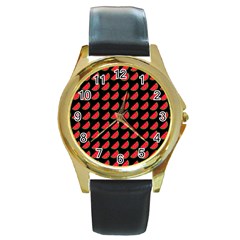 Watermelon Slice Red Black Fruite Round Gold Metal Watch