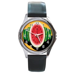 Watermelon Slice Red Orange Green Black Fruite Time Round Metal Watch by Mariart