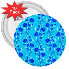 Vertical Floral Rose Flower Blue 3  Buttons (10 Pack)  by Mariart